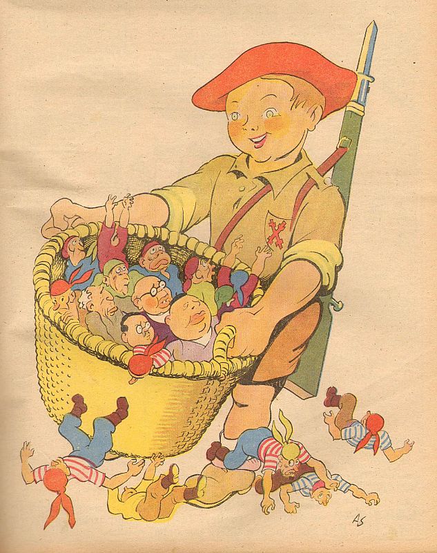 Portada de Pelayos (1938) en la que un niño ataviado de carlista porta un cesto lleno de "rojos" como Azaña, Indalecio Prieto, Negrín y Companys