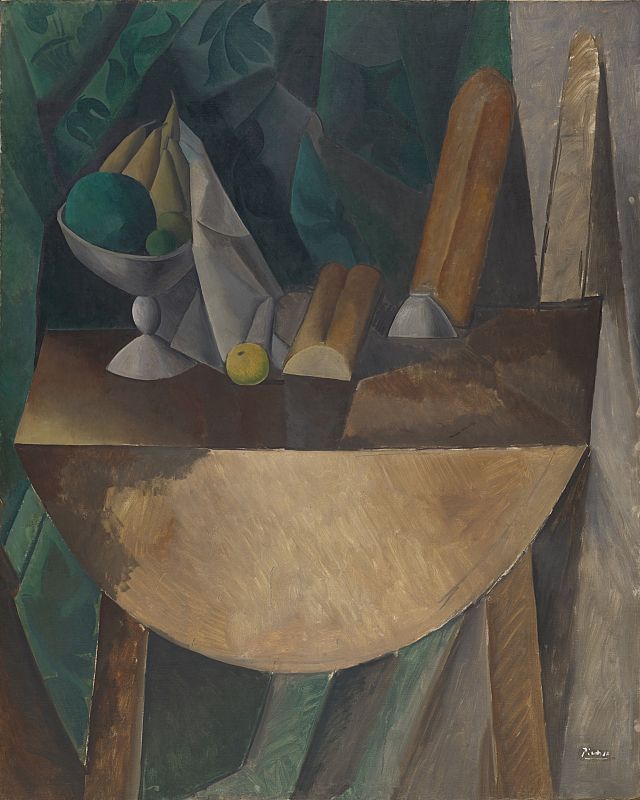 Pablo Picass'Panes y frutero con frutas sobre una mesa' (1909) Pablo Picasso. Kunstmuseum Basel.