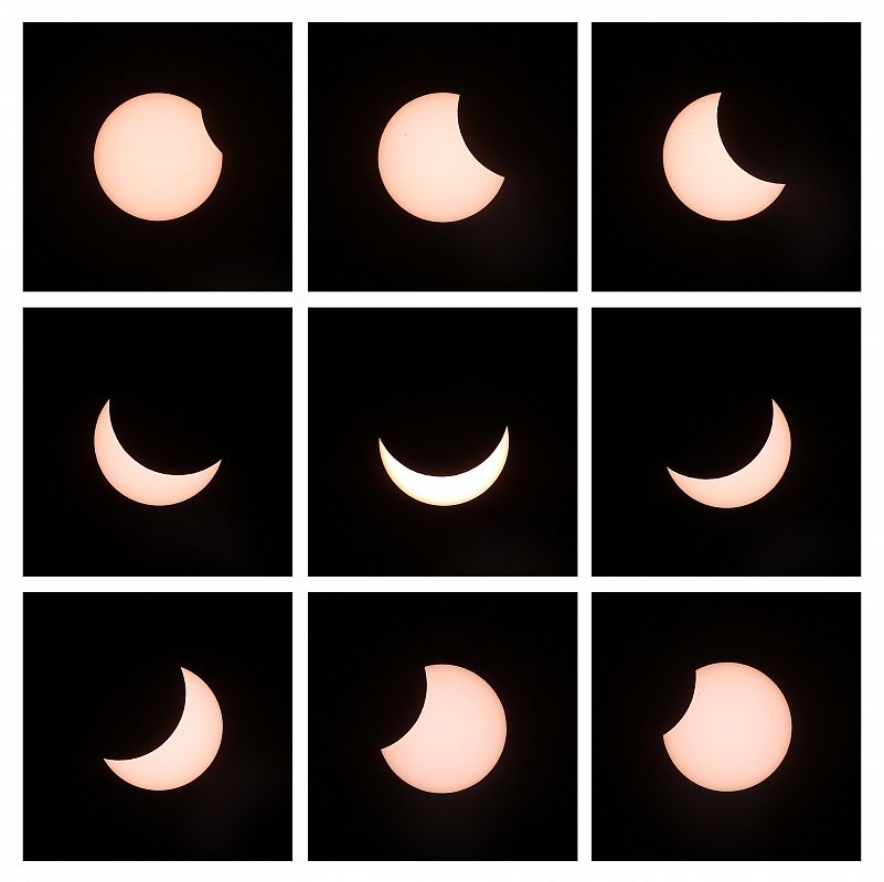 Nueve imágenes en diferentes momentos del eclipse visto desde Gaiberg, cerca de Heidelberg, en el suroeste de Alemania.