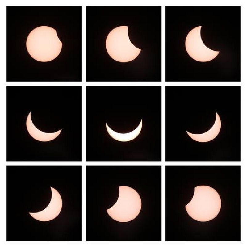 Nueve imágenes en diferentes momentos del eclipse visto desde Gaiberg, cerca de Heidelberg, en el suroeste de Alemania.