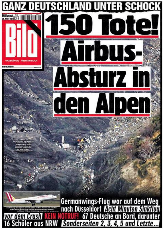 El diario alemán 'Bild' destaca los 150 muertos en un accidente de Airbus en los Alpes y muestra una foto los restos del fuselaje.