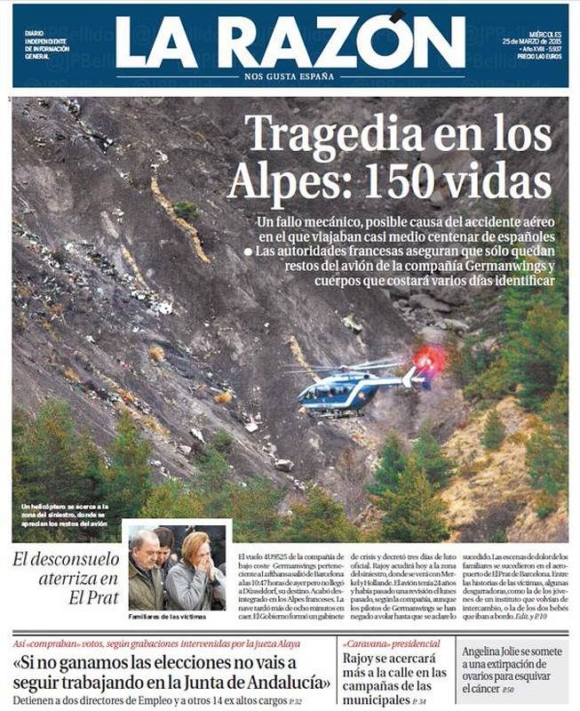 "Tragedia en los Alpes: 150 vidas" es el titular de 'La Razón', que apunta que un posible fallo mecánico es la causa del accidente.