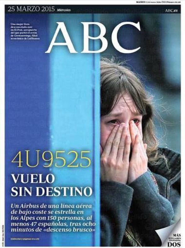  El ABC muestra en su portada a una joven desconsolada y titula "Vuelo sin destino".