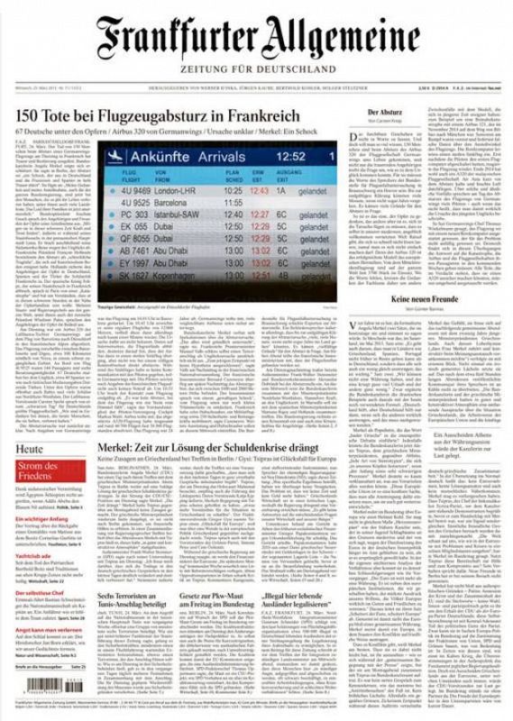 El periódico alemán 'Frankfurter Allgemeine" lleva un sobrio titular que habla de "150 muertos en un accidente de avión en Francia".