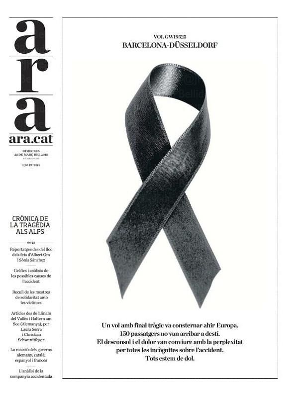 El diario catalán 'Ara' luce un lazo negro en su portada y habla de "dolor, desconsuelo y perplejidad".