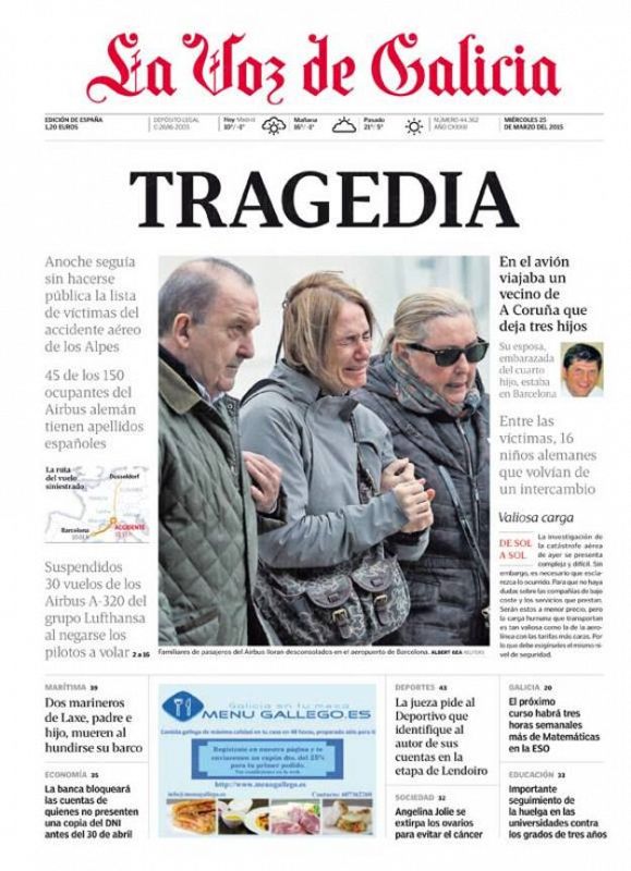 'La Voz de Galicia' resume el accidente del vuelo 4U 9525 en una palabra, "Tragedia".