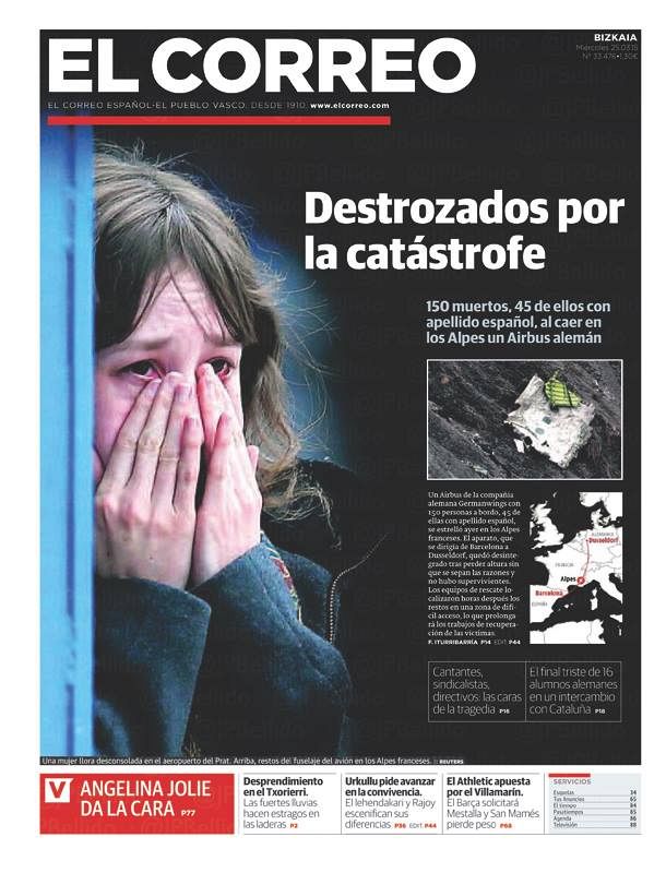 "Destrozados por la catástrofe", titula el periódico 'El Correo' sobre una fotografía de una joven conmocianada que tapa su rostro con las manos.