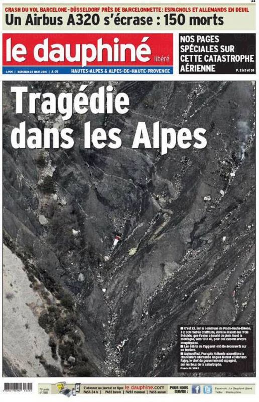 El periódico 'Le Dauphiné libéré' titula: "Tragedia en los Alpes"