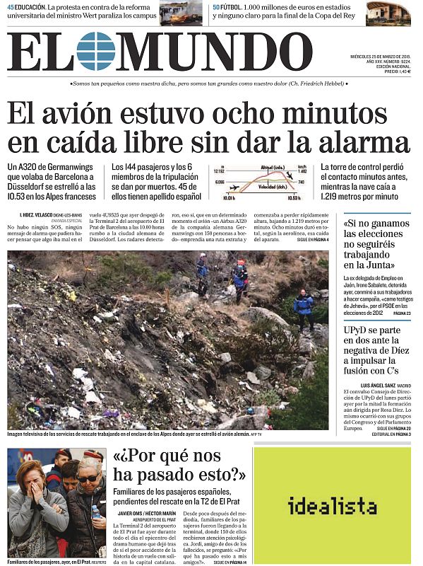 El diario 'El Mundo' titula: "El avión estuvo ocho minutos en caída libre sin dar la alarma" con una foto del lugar del siniestro.