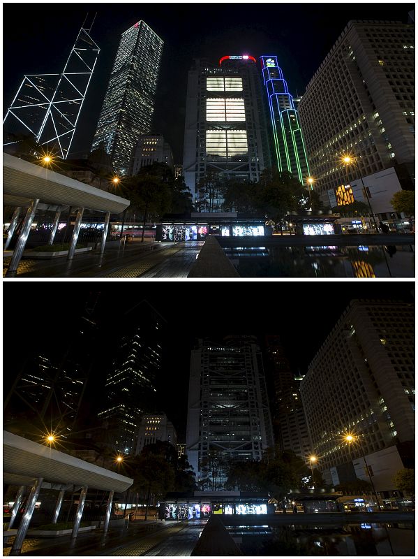 Un cuadro combinado muestra el distrito financiero de Hong Kong antes (arriba) y durante la 'Hora del Planeta' (debajo).