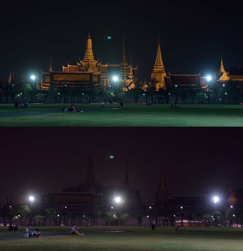 Esta foto muestra el Gran Palacio Real de Bangkok (Tailandia) antes y después de la 'Hora del Planeta'.