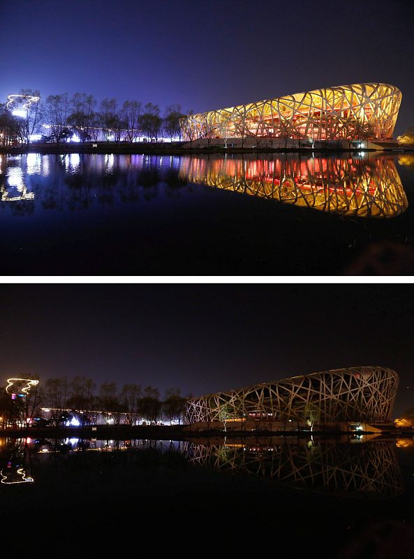 Un combo del Estadio Nacional de Pekín (China) antes y después de la 'Hora del Planeta'.