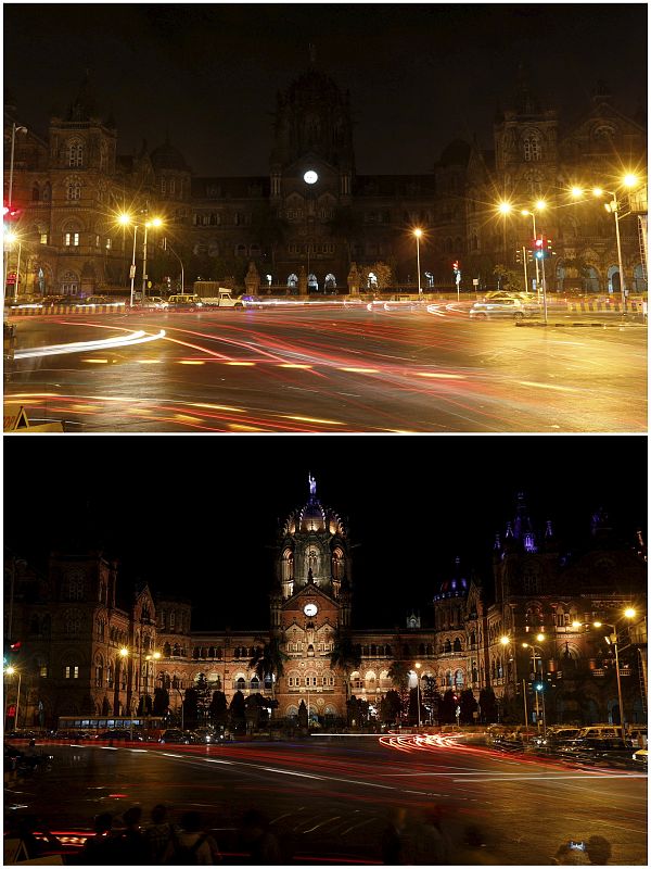 Imagen del apagón por la 'Hora del Planeta' de la estación de Chhatrapati Shivaji, en Bombay (India).