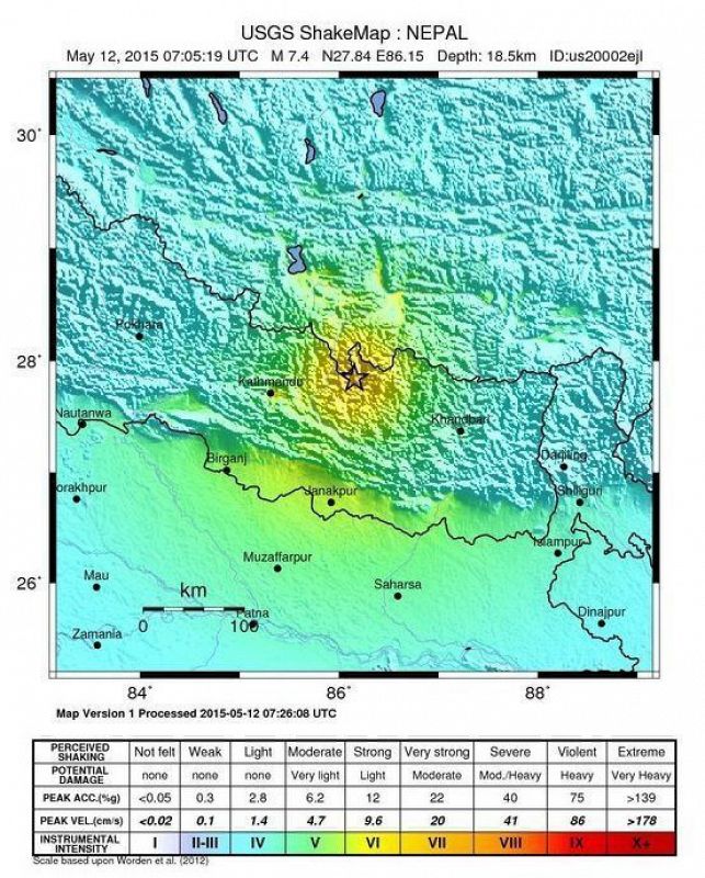 Gráfico facilitado por el organismo geológico estadounidense US Geological Survey (USGS) que muestra la localización del terremoto de magnitud 7,4 en Nepal