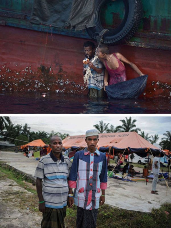 Hamid Husen y Muhammad Ehsan comen la comida arrojada al mar por un helicóptero militar tailandés el pasado 14 de mayo. Hoy, están en Indonesia.
