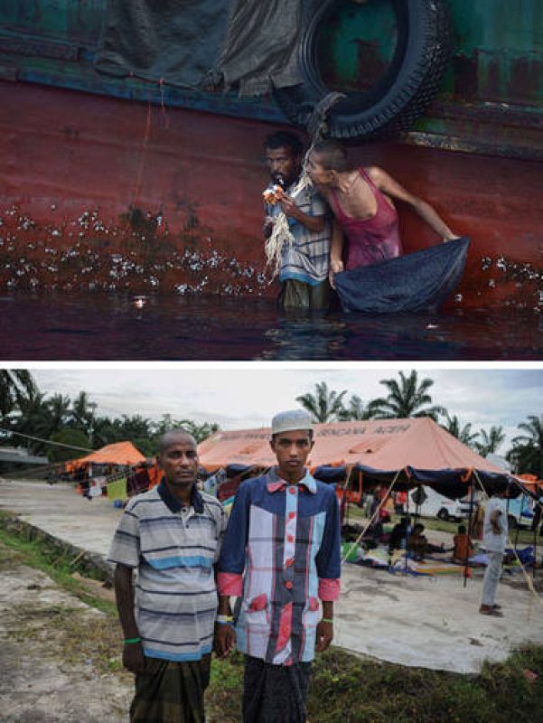  Hamid Husen y Muhammad Ehsan comen la comida arrojada al mar por un helicóptero militar tailandés el pasado 14 de mayo. Hoy, están en Indonesia. 