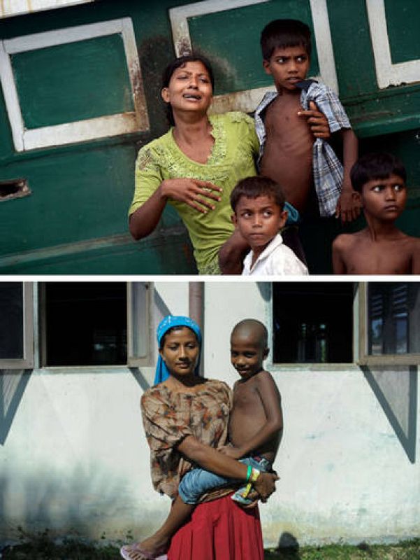  Ronji, de 21 años, junto a su hjo de 6, Muhammad Islam,  de la etnia rohinyá, viajaron hasta Indonesia en una situación muy precaria. 