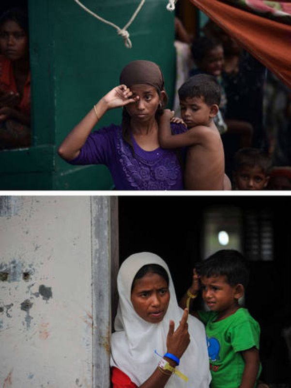  Asmahatu, de 27 años, sostiene a su pequeño hijo de dos, Abdul Aziz, tras el peligroso viaje al exilio. 