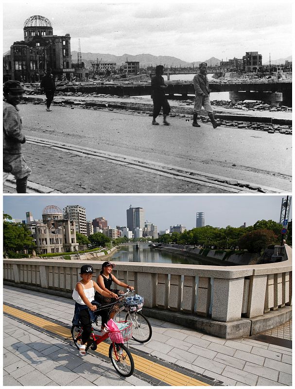 Japoneses en las proximidades de la cúpula Genbaku en Hiroshima, 1945-2015