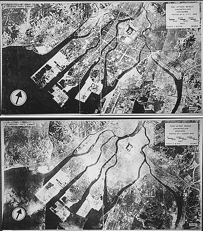 Vista aérea de Hiroshima antes y después de la explosión atómica