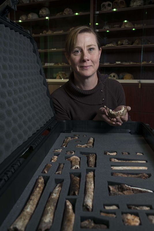 La investigadora Marina Elliot muestra los fósiles hallados