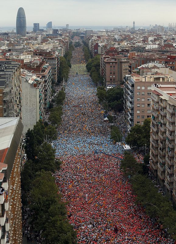 La avenida Meridiana de Barcelona se llenó de ciudadanos celebrando la manifestación de la Diada en un ambiente tan festivo como reivindicativo. La llenaron entre 550.000 personas (según la Delegación del Gobierno) y 1,4 millones (según la Guardia Ur