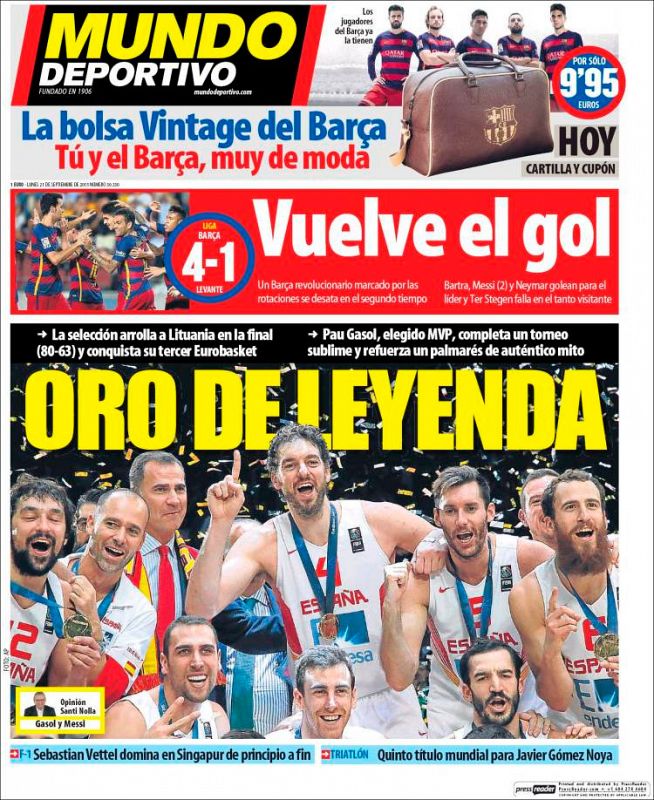 'Oro de leyenda' es el titular escogido por Mundo Deportivo.