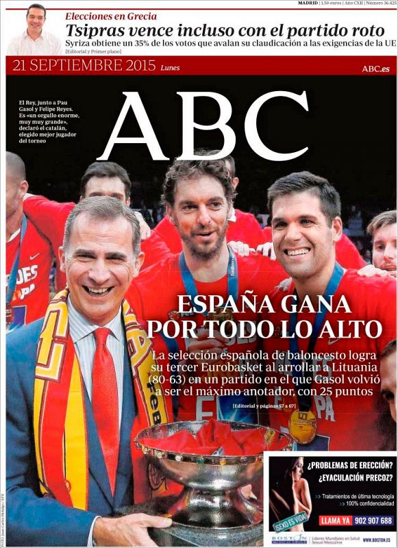 Una imagen de Gasol y Reyes junto al rey Felipe VI abre la portada del diario ABC.