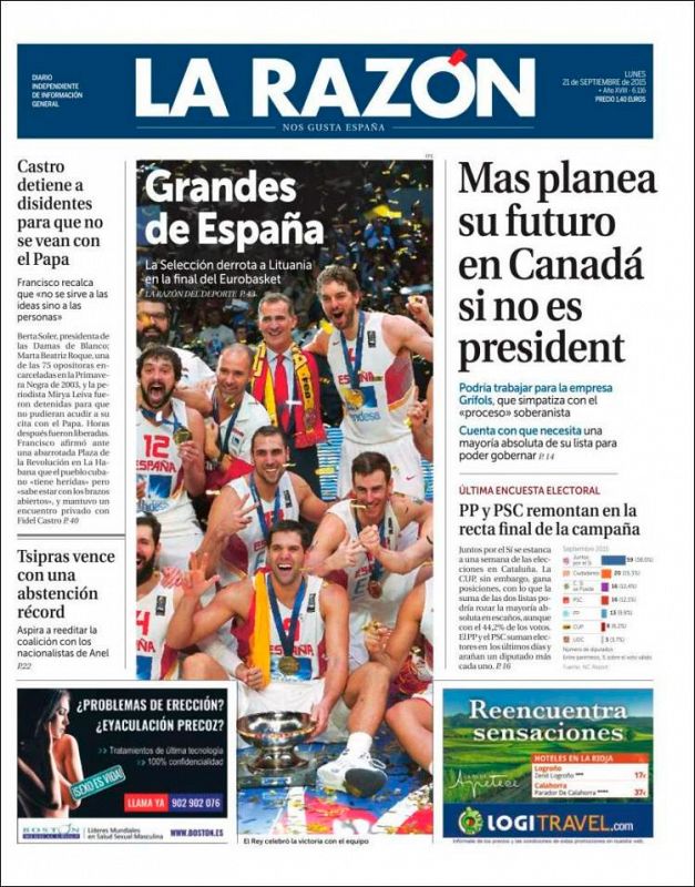 'Grandes de España' es el titular elegido por La Razón para el tercer Eurobasket de España.