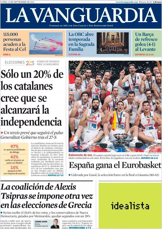 La Vanguardia destaca que España "barre" a Lituania para hacerse con el Eurobasket.