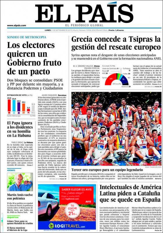 El País da su foto de portada a la consecución del tercer Eurobasket de España, "un equipo legendario".