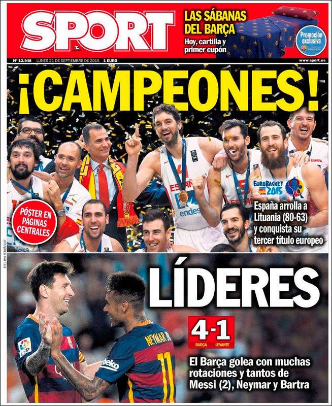 Sport destaca la "arrolladora" victoria de España en la final del Eurobasket.