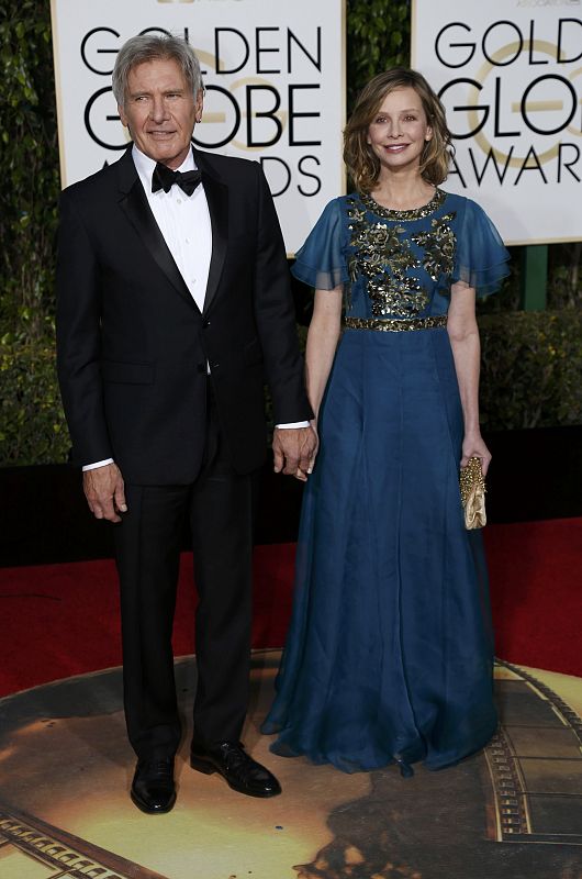 Actors Harrison Ford and Calista Flockhart arrive at the 73rd Golden Globe Awards in Beverly Hills