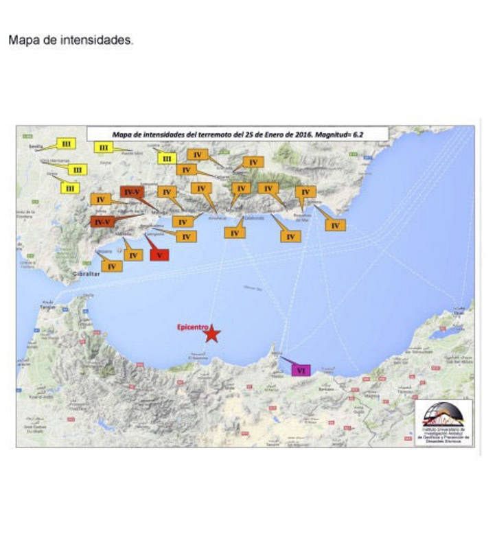 Mapa de distintas intensidades del terremoto del Mar de Alborán
