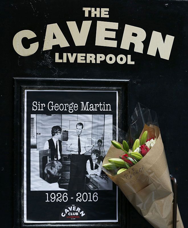 A floral tribute in memory of music producer George Martin is left outside the Cavern Club in Liverpool