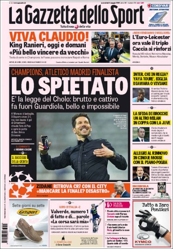 "El implacable", así define el diario italiano La Gazzetta dello Sport al Atlético de Simeone, cuya imagen ocupa la portada.