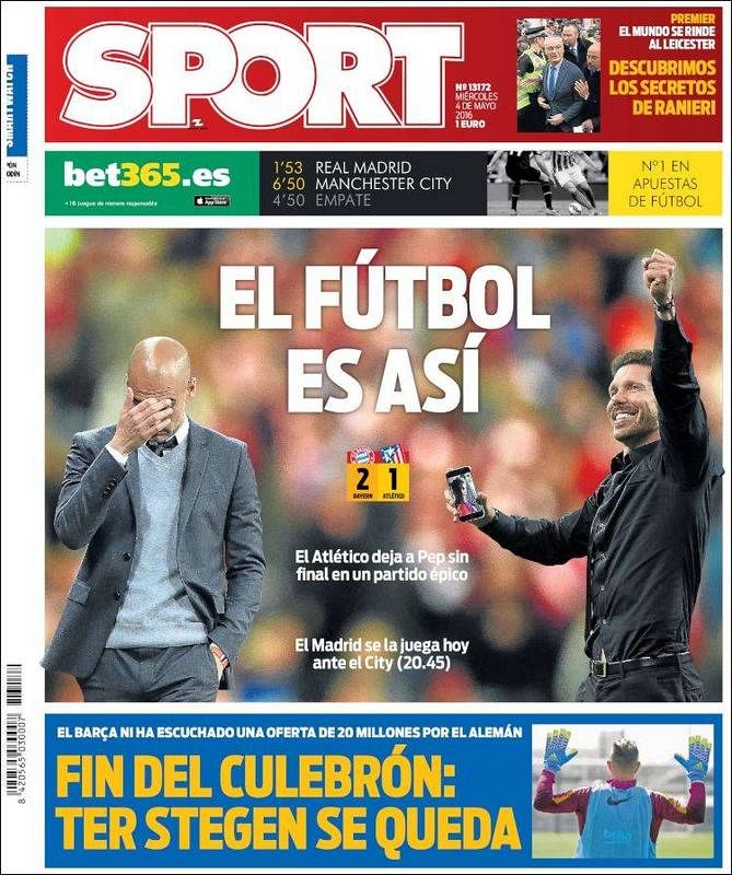 "El fútbol es así". El diario Sport tira de una frase hecha para resumir el pase del Atlético y la eliminación del Bayern de Guardiola, que acumuló posesión y ganó el partido pero no pudo con el equipo de Simeone.