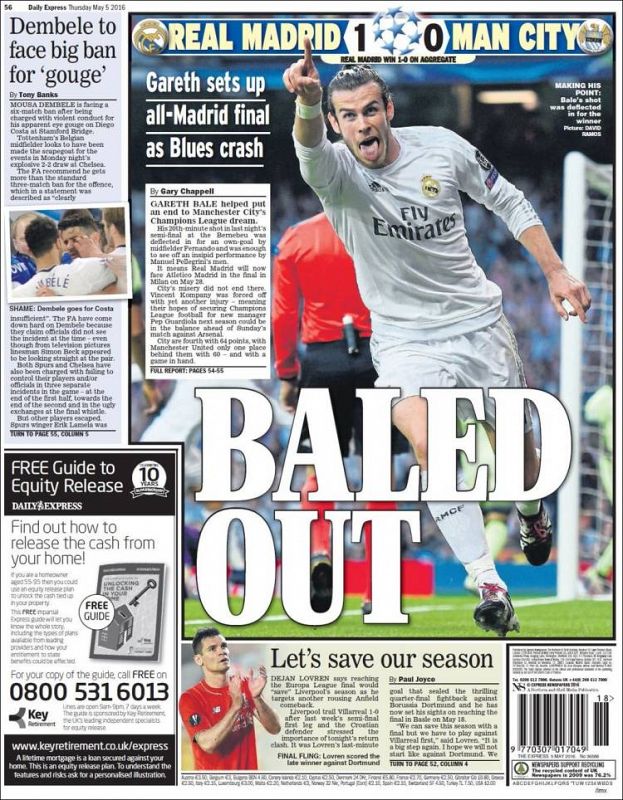 El periódico inglés Express Sport hace un juego de palabras con Bale y su titular de portada "Baled out" (rescatados). El tanto del galés dio el pase al Madrid a la final de Champions.