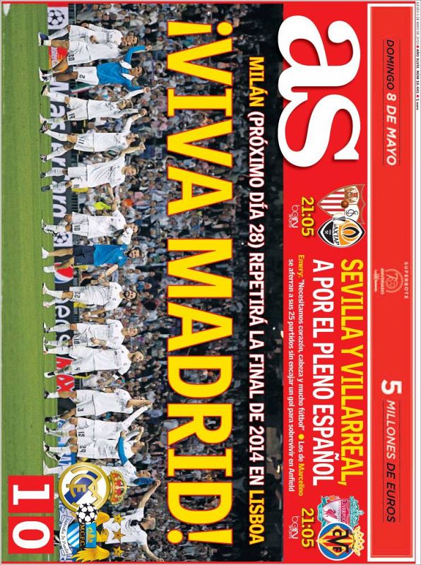 El diario madrileño As dedica su portada a doble página con un "¡Viva Madrid!", por la reedición de la final madrileña de Champions.