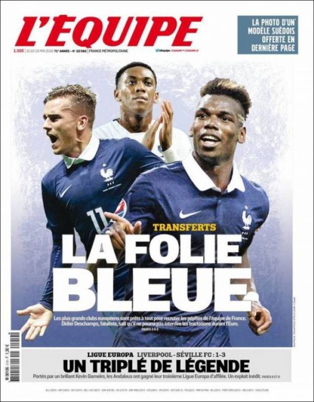 El diario francés L'Equipe no da su imagen de portada al Sevlla, pero sí le reserva el faldón, en el que califica el tercer título consecutivo de Europa League de "leyenda".