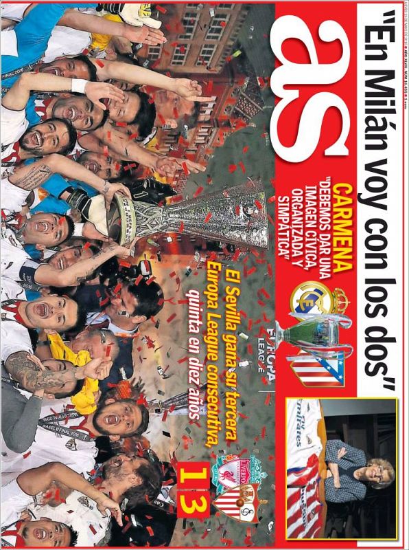 El diario deportivo As destaca que el Sevilla ha ganado su quinta Europa League de los últimos diez años, la tercera consecutiva.