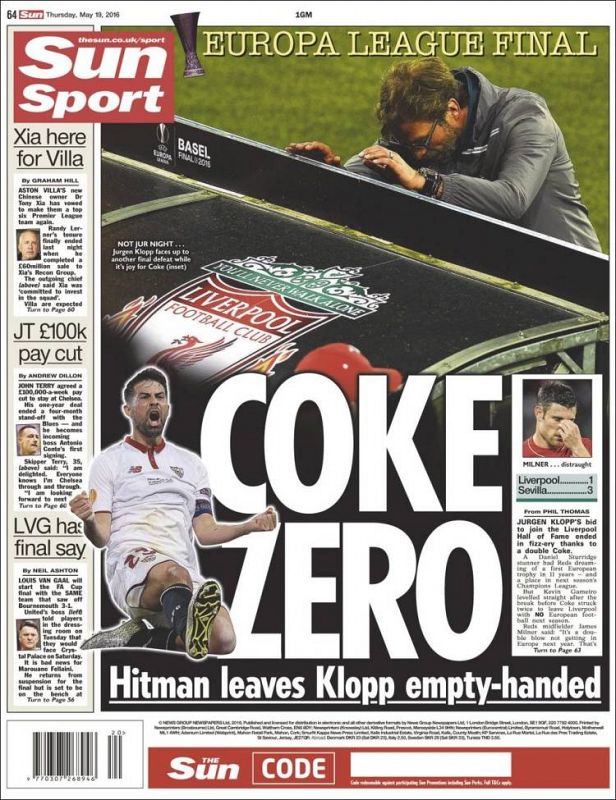 El también británico Sun Sport ha elegido el mismo titular que el Mirror, con el juego de palabras "Coke Zero".