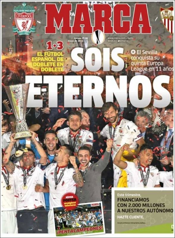 "Sois eternos" titula el diario Marca, que destaca que "el fútbol español va de doblete en doblete".