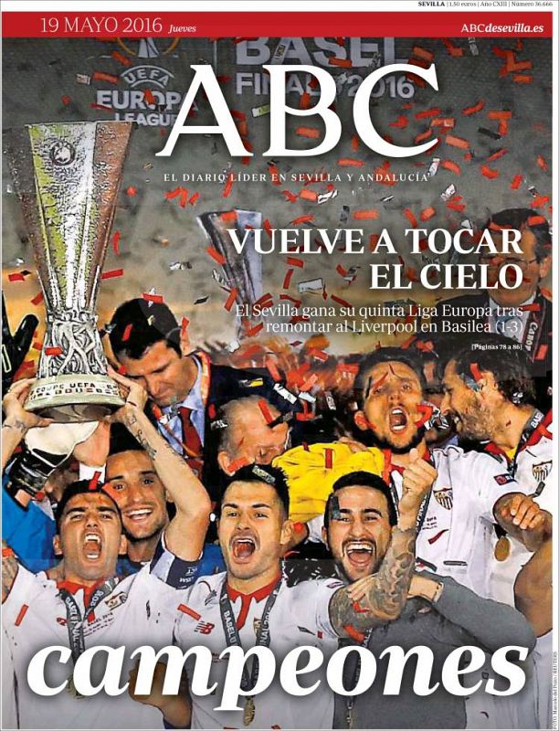 La edición sevillana de ABC otorga su foto de portada al éxito sevillista y titula "Vuelve a tocar el cielo".