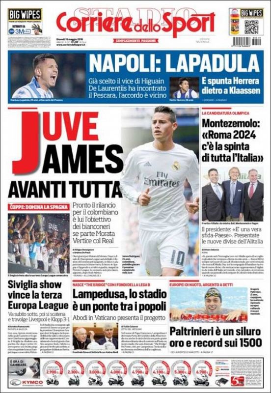 Por su parte, el Corriere dello Sport, en la parte baja de su portada, destaca que "España domina" la Europa League gracias a la tercera victoria consecutiva del Sevilla en la competición.