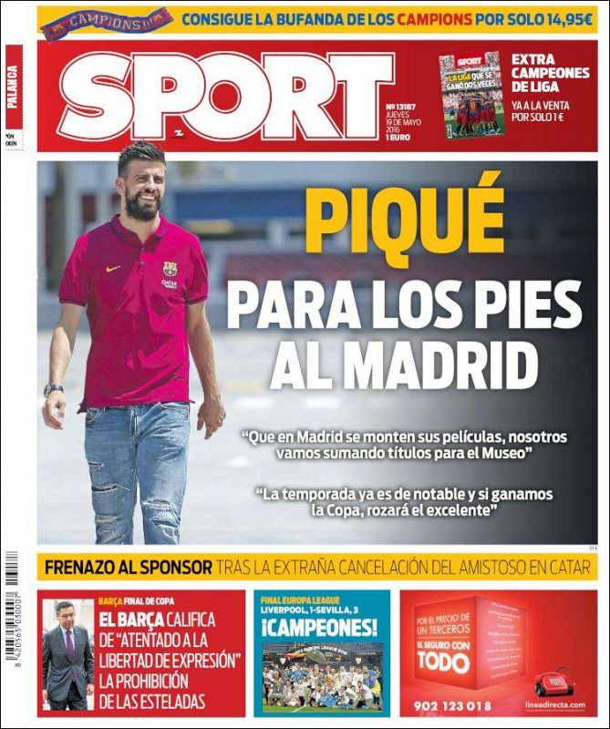 El diario deportivo Sport opta por dar su portada a Piqué y llevar la información del Sevilla al faldón, con un escueto "Campeones".