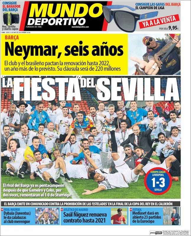 "La fiesta del Sevilla" es el titular de Mundo deportivo, que destaca que "el rival del Barça ya es pentacampeón".