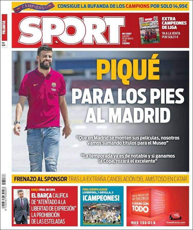 El diario deportivo Sport opta por dar su portada a Piqué y llevar la información del Sevilla al faldón, con un escueto "Campeones".