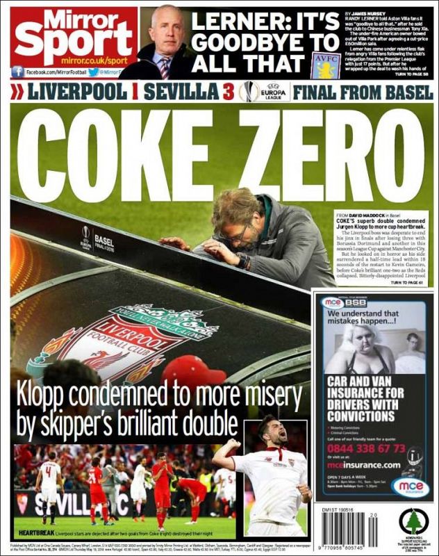 El diario britátnico Mirror Sport ha utilizado un juego de palabras con Coke, el autor del doblete que acabó por hundir al Liverpool, con su titular "Coke Zero".