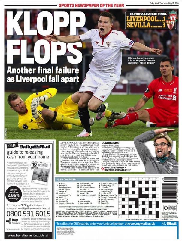 "Klopp flops" titula el Daily Mail Sport, que apunta el éxito del Sevilla como un nuevo fracaso para el Liverpool.